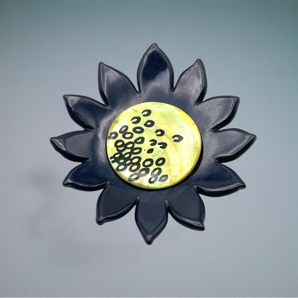 Vtg Artisan Resin Sunflower Brooch Black and Abalone Lime Green Handpainted